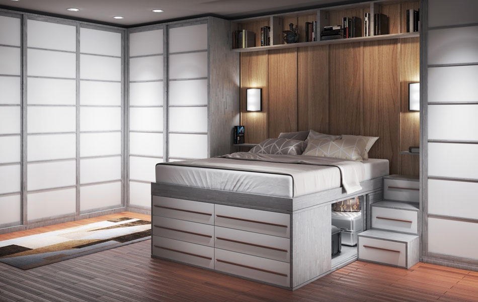 SpazioBed - 6 boiserie drawers with bridge wardrobe, ladder with drawers