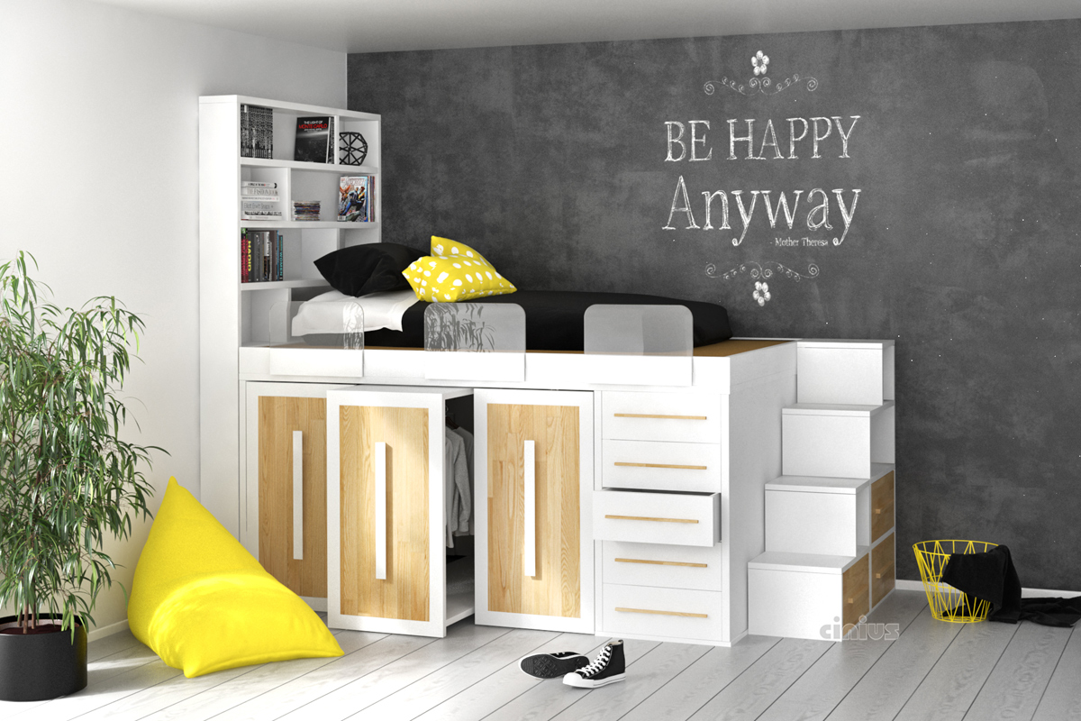 SpazioBed - Be Happy Young SpazioBed - with 5 drawers, 2 wardrobe pull-out trolleys and 1 desk pull-out trolley. Natural wood color