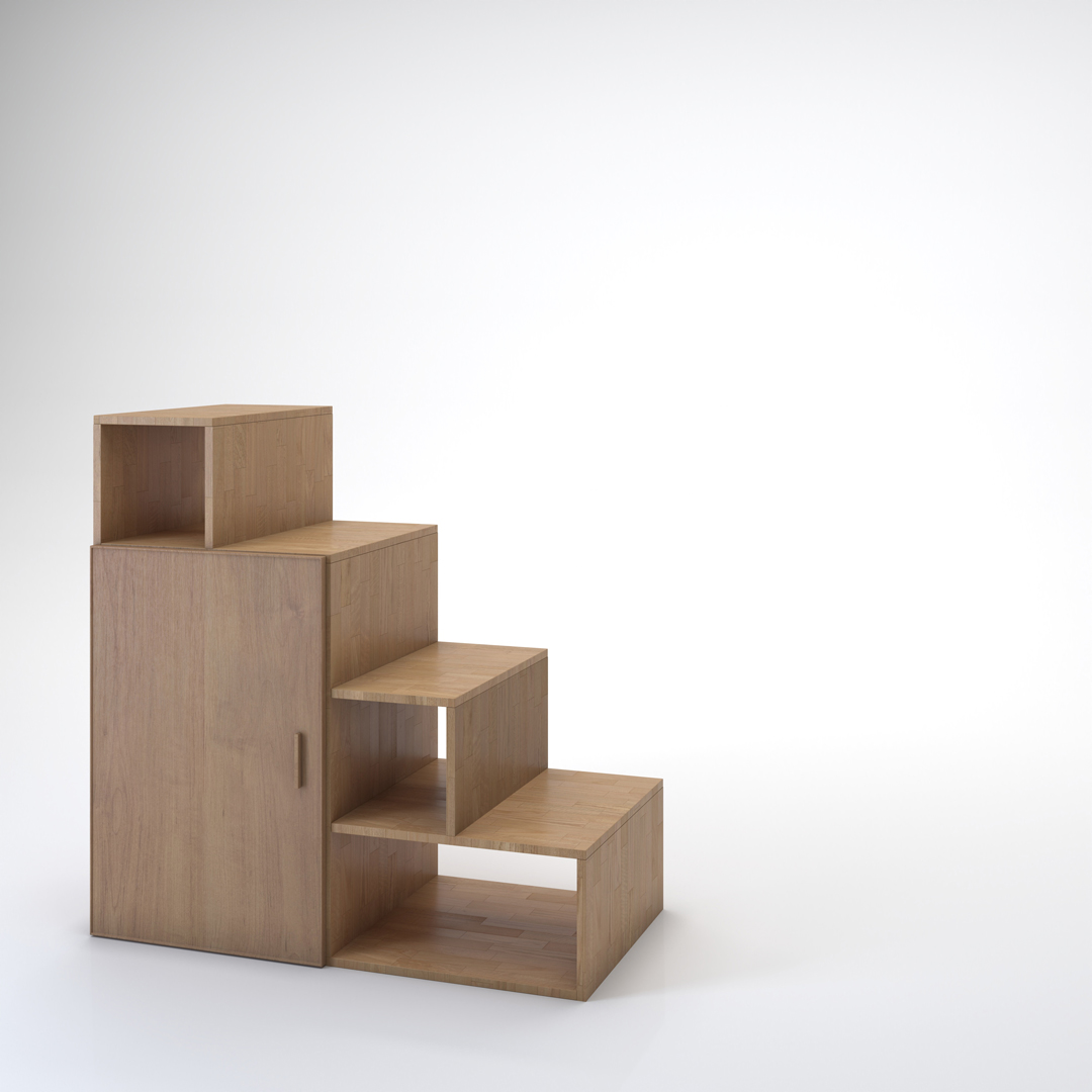 Staircase Yen with doors. Cinius solid beech staircase. Model with four steps and a door