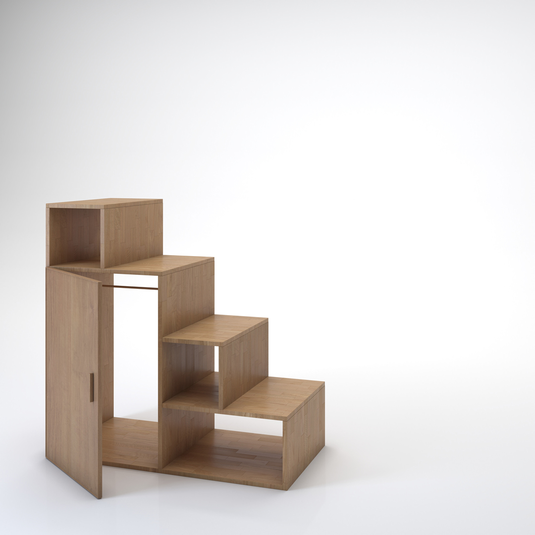 Staircase Yen with doors. Cinius solid beech staircase. Model with four steps and a door