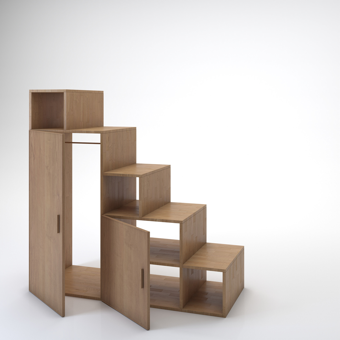 Staircase Yen with doors. Cinius solid beech staircase. Model with five steps and two doors