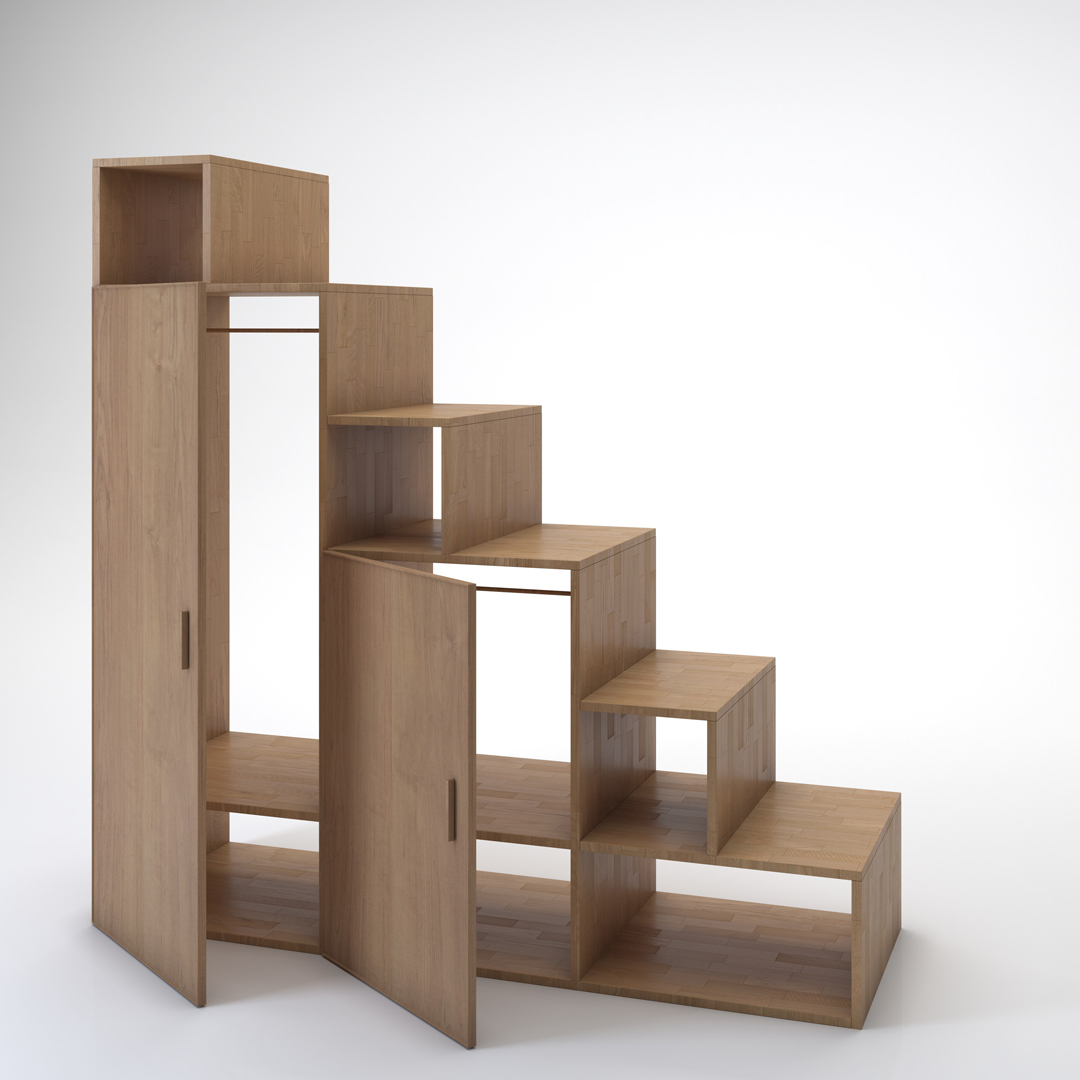 Staircase Yen with doors. Cinius solid beech staircase. Model with six steps and two doors