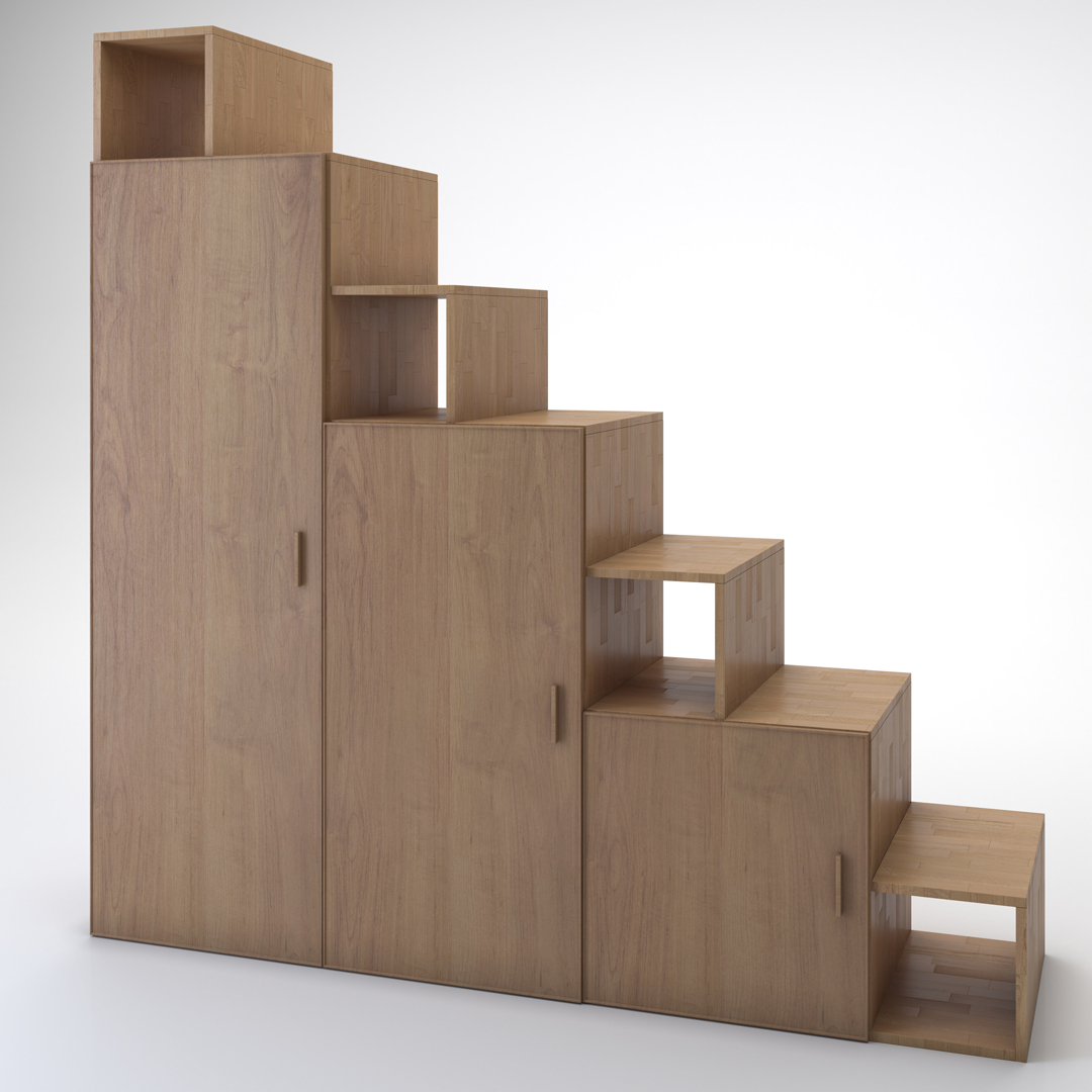 >Staircase Yen with doors. Cinius solid beech staircase. Model with seven steps and three doors