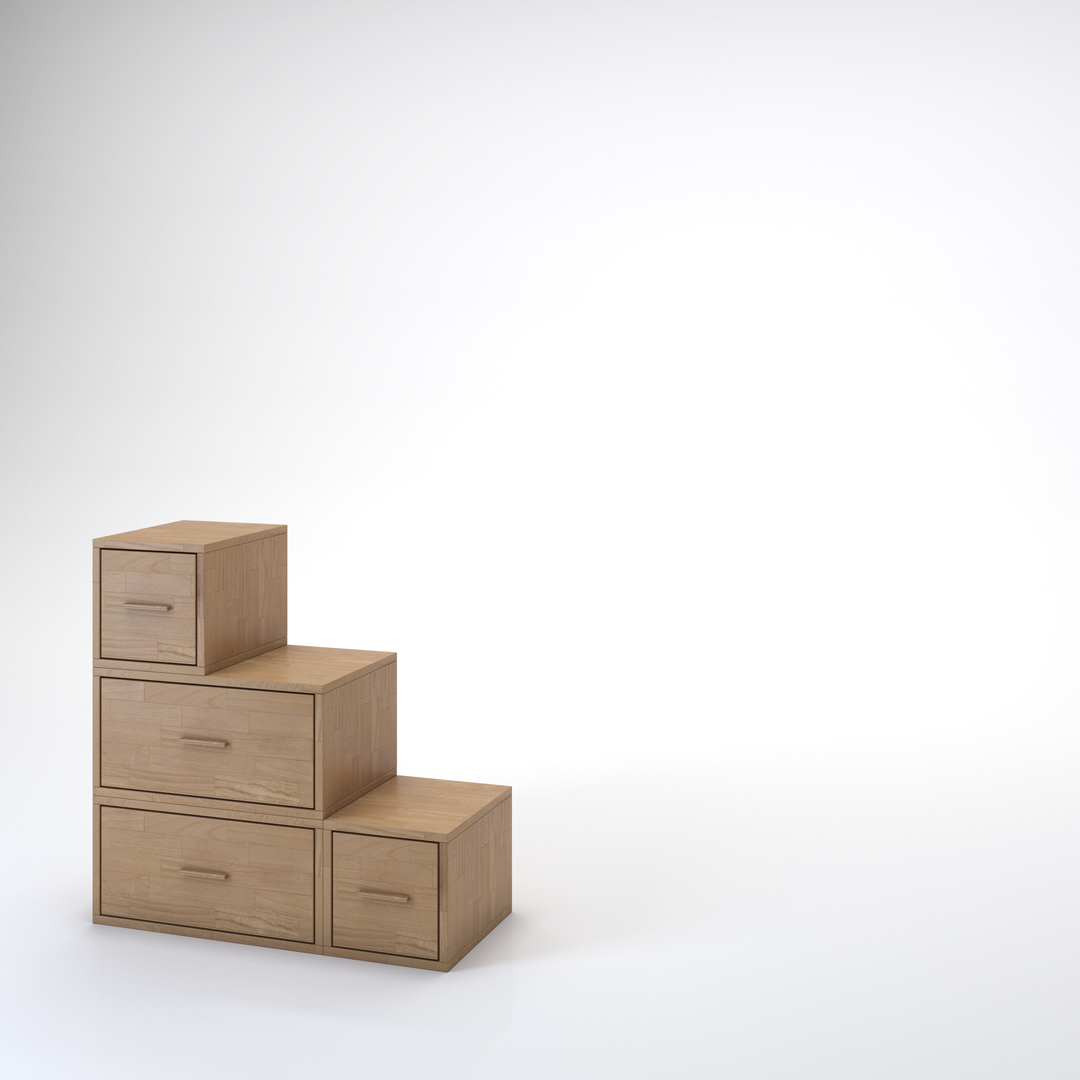 Yen staircase. Bookcase and staircase in solid beech wood Cinius. Model with three steps and drawers