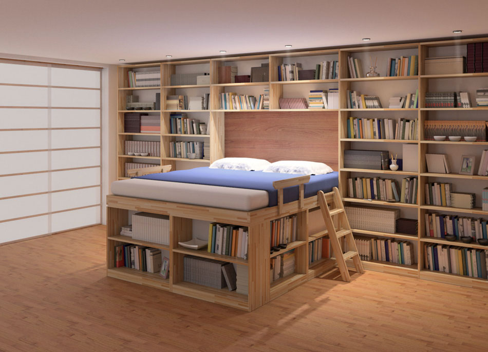 Moderna camera da letto con libreria con scaffali e letto Biblioteca di Cinius