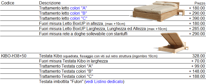 Listino prezzi letto Box Up
