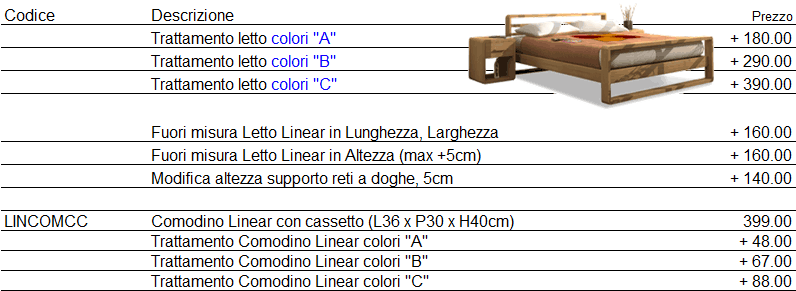 Listino prezzi letto Linear di Cinius
