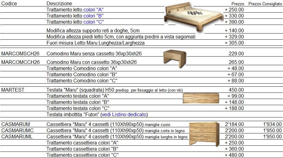Listino dei prezzi letto Maru di Cinius