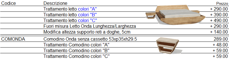 Listino prezzi letto Onda di Cinius