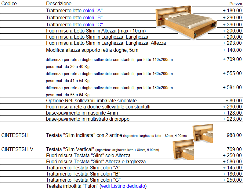 Listino prezzi letto Slim di Cinius