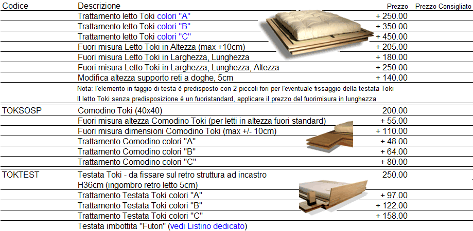 Listino prezzi letto Toki di Cinius