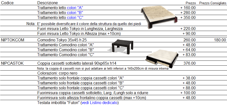 Listino prezzi letto Tokio di Cinius