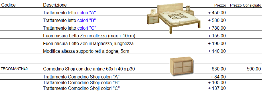 Listino prezzi letto Zen di Cinius
