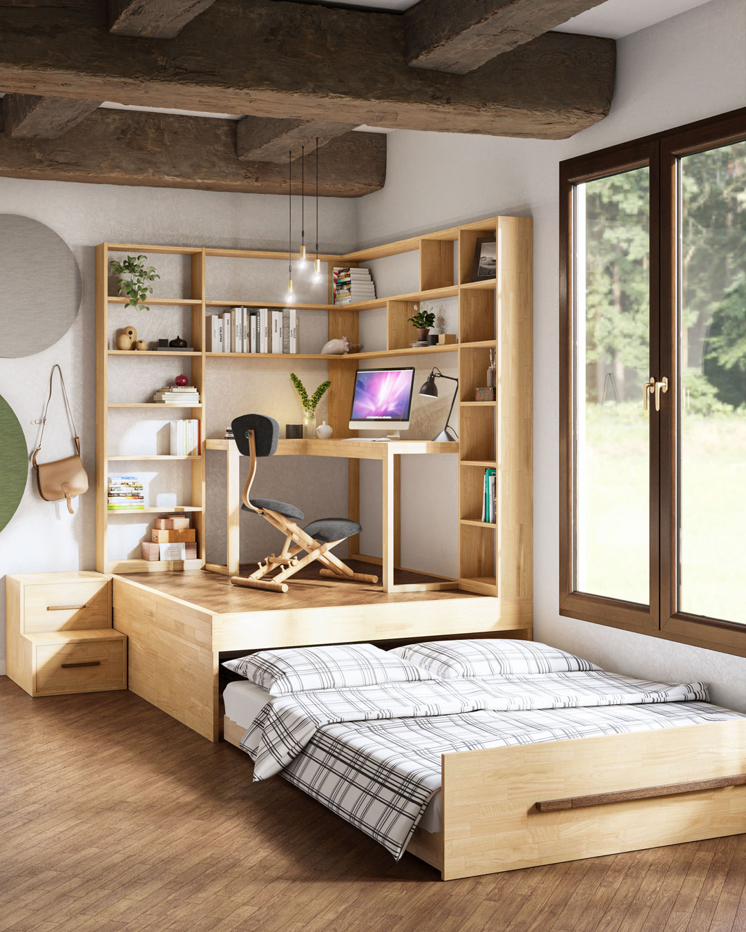 Studio rialzato con letto estraibile sotto la pedana: configurazione notte
