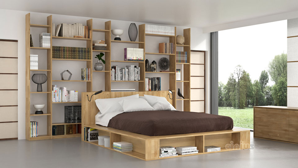 Letto contenitore Biblio di Cinius con vani libreria integrati su tre lati