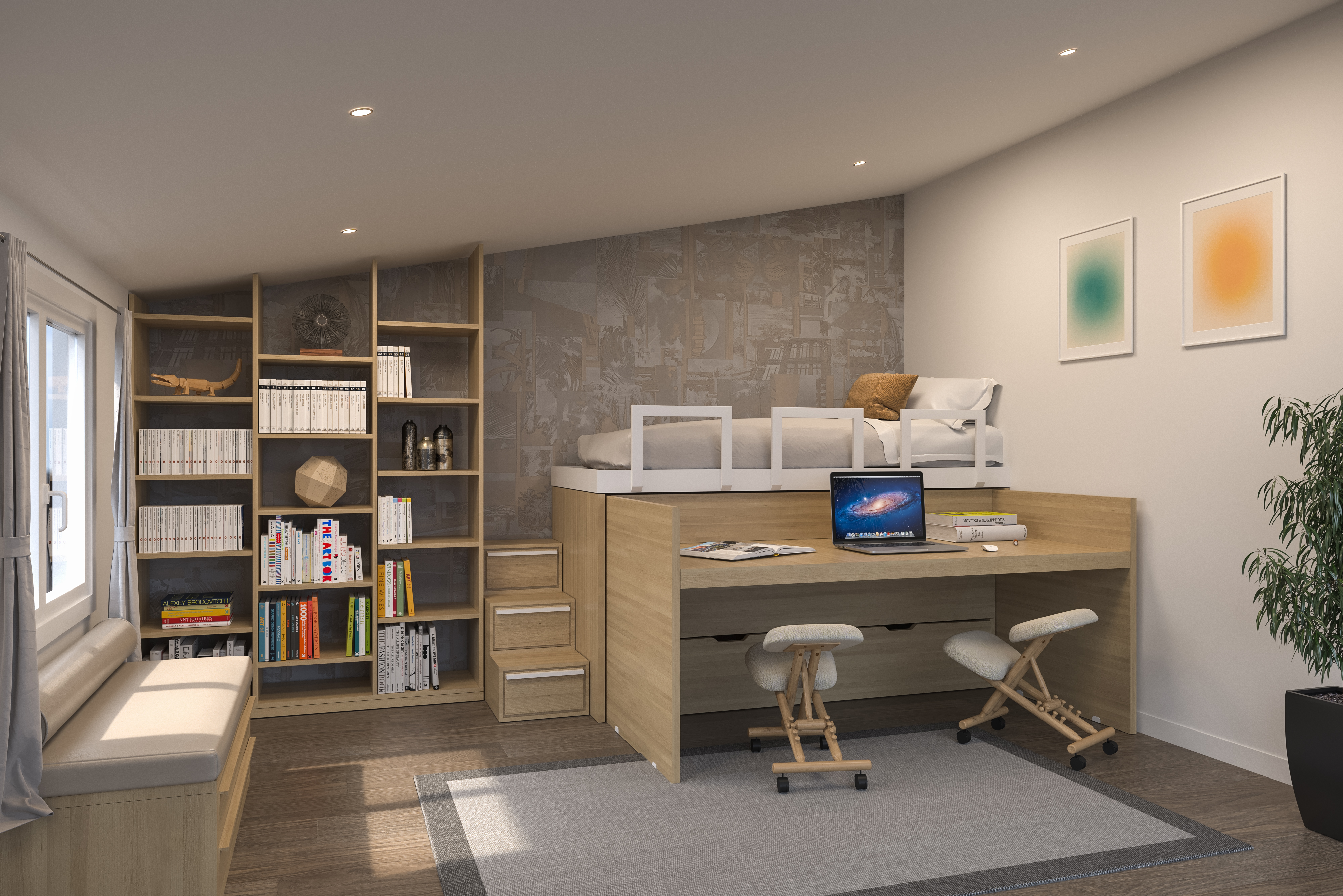 Cameretta salvaspazio: due letti, scrivania e cassettoni, Letti salvaspazio contenitore design innovativo