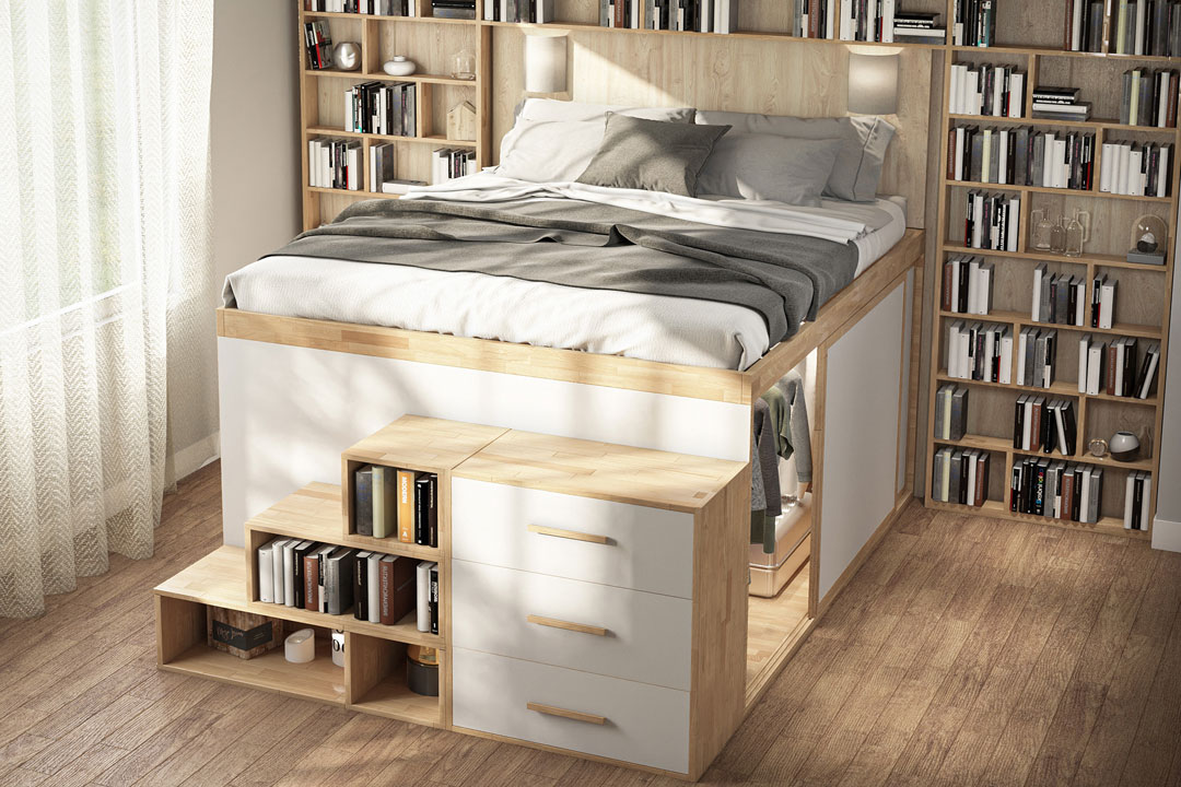 Letto salvaspazio con armadio, scala ai piedi del letto. Letto salvaspazio contenitore, in legno, design innovativo
