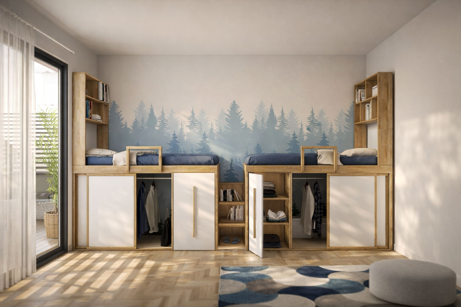 camera 2 letti in linea salvaspazio con libreria