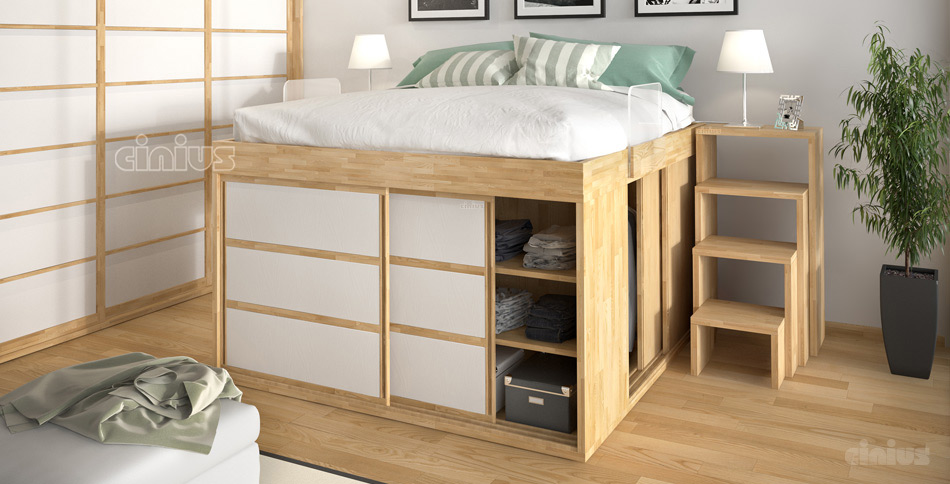 Letto salvaspazio con mobiletto, Letto salvaspazio contenitore, in legno, design innovativo