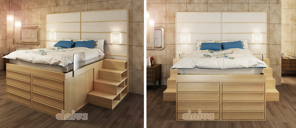 Letto Impero con cassetti frontali di Cinius e scala modulare in legno massello bianco