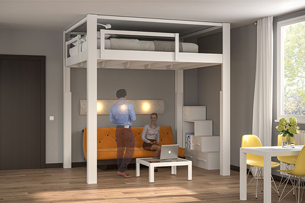 Letto a soppalco Rising ad altezza regolabile elettricamente, in posizione alta