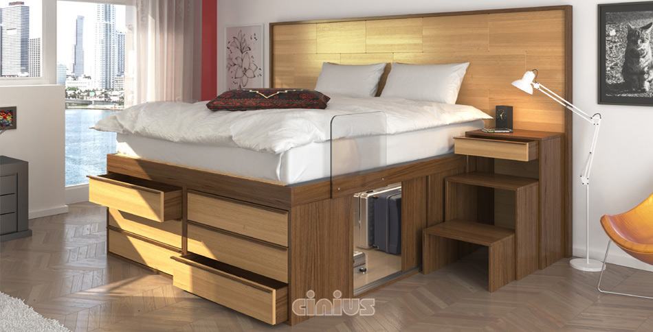 Letto Impero con cassetti frontali di Cinius e piccola scaletta a scomparsa in legno massello scuro