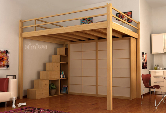 Letto a soppalco in legno Yen ad altezza fissa
