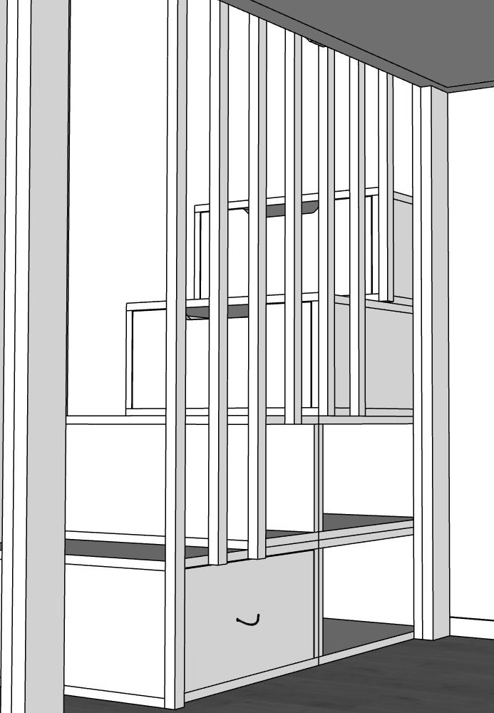 Dettaglio scala a cassetti con parapetto a listelli