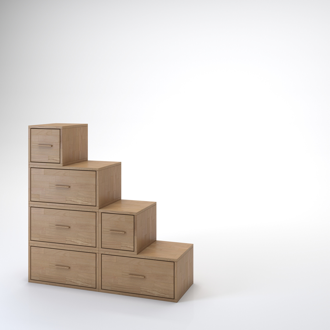 Libreria Scala in legno massello Cinius. Modello con quattro gradini e cassetti