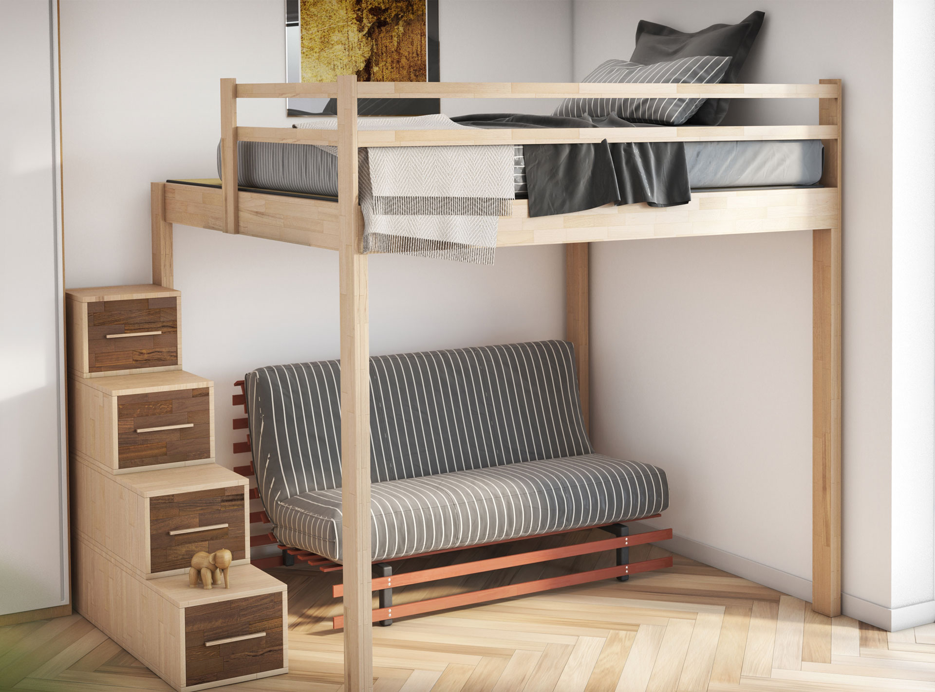 Letto a soppalco Casa su Albero, ideale per soffitti bassi, con divano