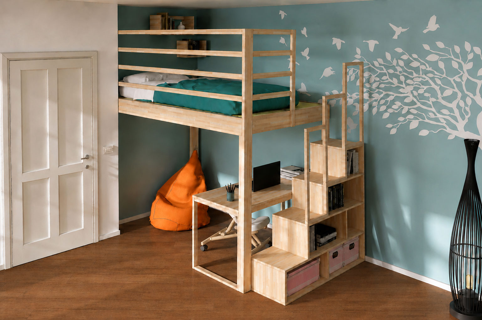 Letto a soppalco Casa su Albero, in legno con scala a cubi
